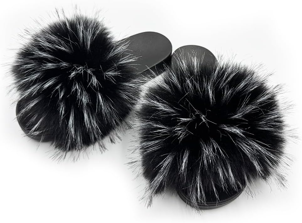Women's Faux Fur Slides Slippers Fluffy Fuzzy Sandals Open Toe Furry Slide Flip Flop Indoor Outdoor