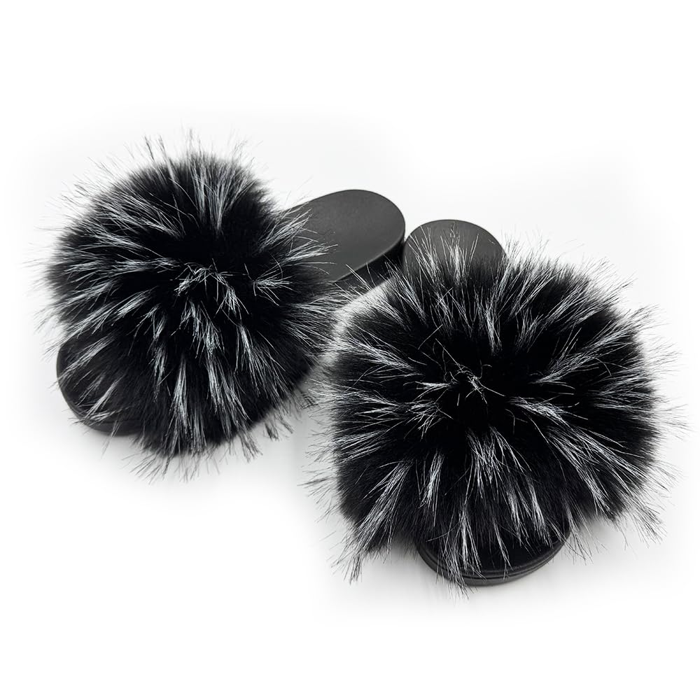 Women's Faux Fur Slides Slippers Fluffy Fuzzy Sandals Open Toe Furry Slide Flip Flop Indoor Outdoor