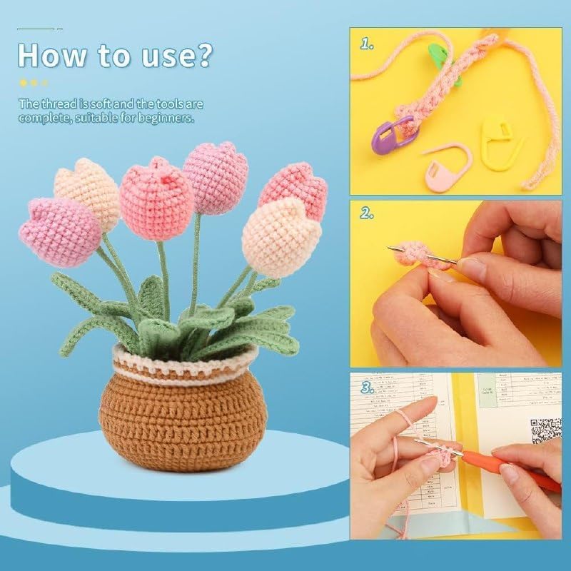 Image of Dodhar DIY Tulip Crochet Kit for Beginners - Complete Amigurumi Flower Pot Kit with Yarn, Hooks & Needles - Easy Knitting & Crocheting Starter Set for Adults & Teens (Tulip Crochet KIT)
