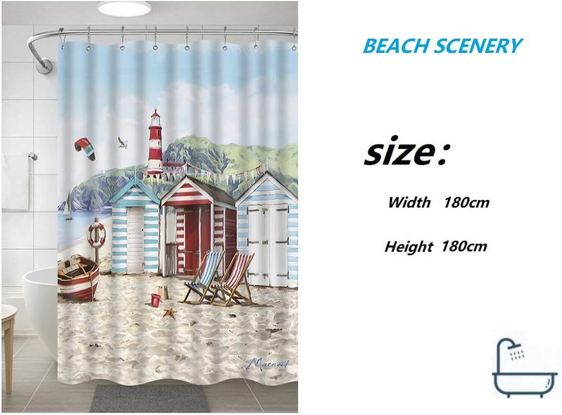 SCVBLJS Beach Hut Shower Curtain Waterproof Bathroom Bathtub Polyester Fabric Bathroom Shower Curtain With Hooks 180X180Cm … - Image 3