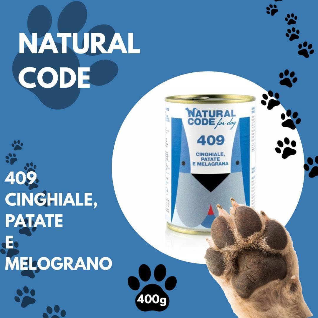 Natural Code - Comida húmeda para perro número 409 con sabor jabalí, patatas y granada, alimento completo en pelusas para perros adultos de todas las tallas y razas, en lata, 6 cajas de 400 gramos