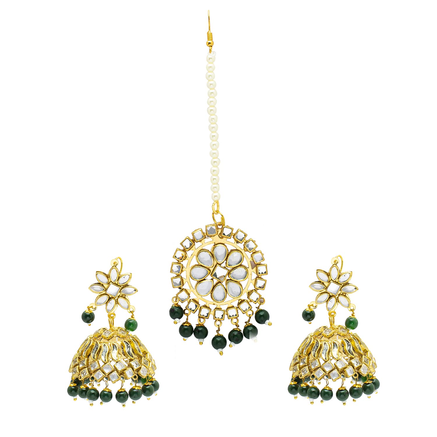 Shining Jewel Gold Plated Traditional Kundan, Pearls, Polki, Big Jhumka Earring and Maang Tikka Combo Set for Women (SJE_01 PP)-image-11