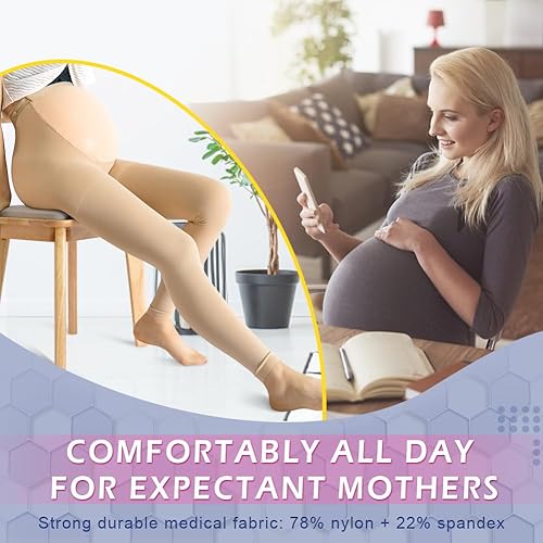 Miniatura 10 de Beister - Mallas de compresión médica de maternidad, 20-30 mmHg, con soporte graduado, con banda elástica de botón y protección abdominal, medias de