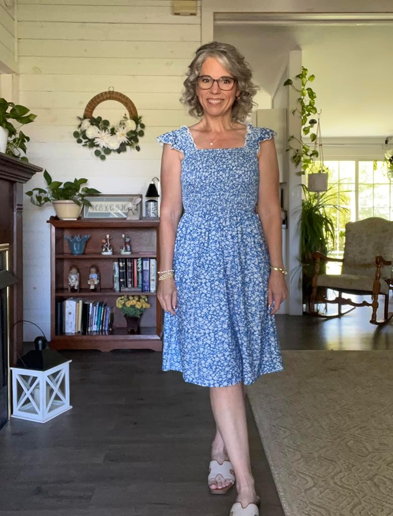 Naggoo Womens Summer Sundresses Sleeveless Square Neck Dress Ruffled Floral Smocked Dress A-line Boho Beach Dresses - Image 4