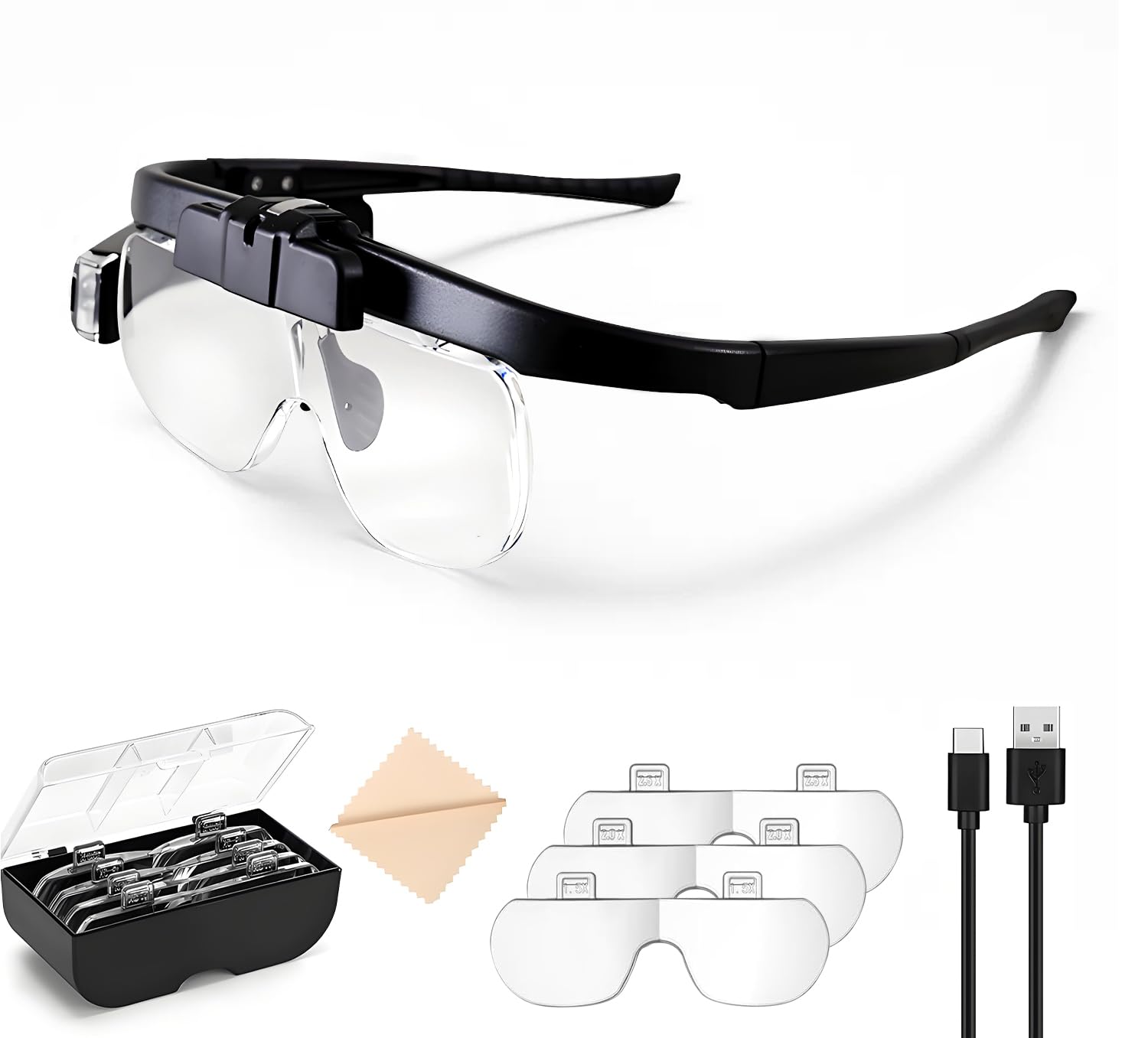 ZOBMIO Magnifying Glasses with Light 2 x LED USB for Glasses Wearers, Headband Magnifier with 3 Interchangeable Lenses (1.5X/2.0X/2.5X Combinable), Ideal for Electricians, Jewellers, Sewing and
