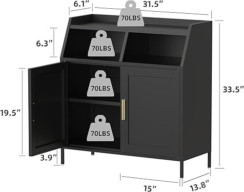 Miniatura 2 de Aparador de buffet de metal negro de 32 pulgadas con dos puertas y gran espacio de almacenamiento y estante ajustable para sala de estar y comedor