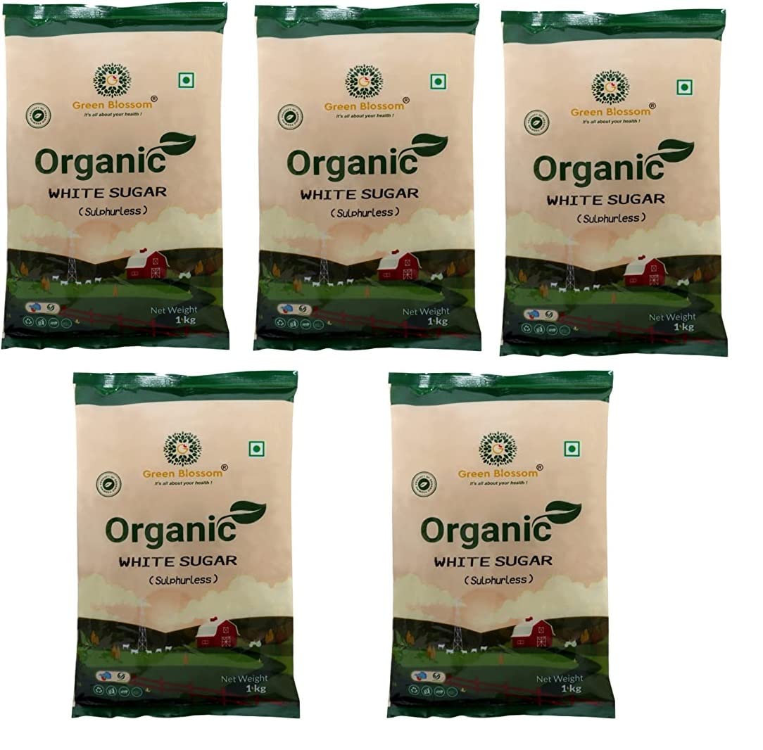 Green Blossom Organic White Sugar - 5 Kg (1Kg, Pack of 5) I 100% Nature's Sweetness | Chemical-Free | Organically Processed I Sulphurless Sugar