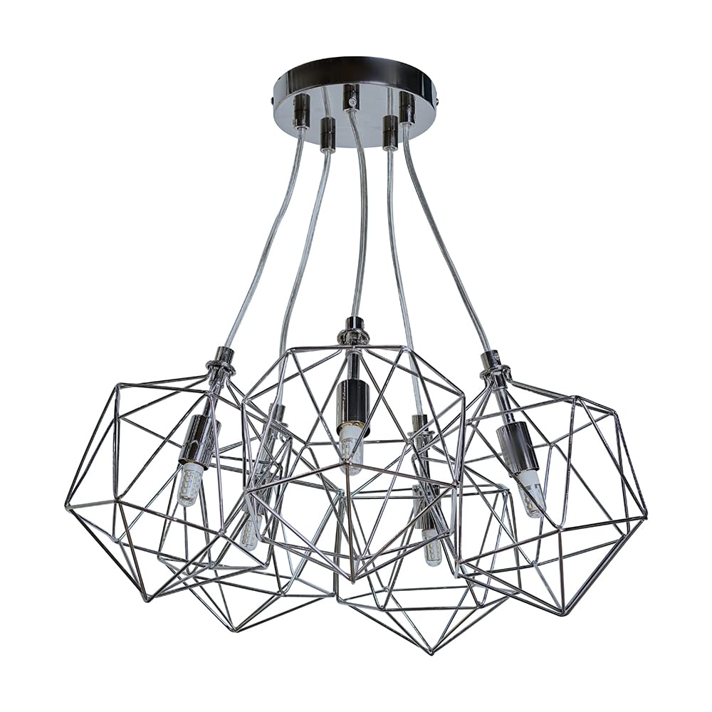 Minisun Chrome | Industrial 5 Way Geometric Wire Basket Cage Ceiling Pendant Light Fitting | Pendant Lights, Home Décor & Improvement Essential | Mains Wired
