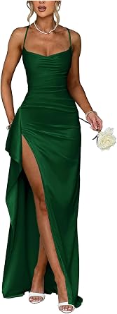 Emerald Green Satin Prom Dresses Long Spaghetti Straps Ruched Bridesmaid Dresses Mermaid Split Formal Evening Gowns for Women US4