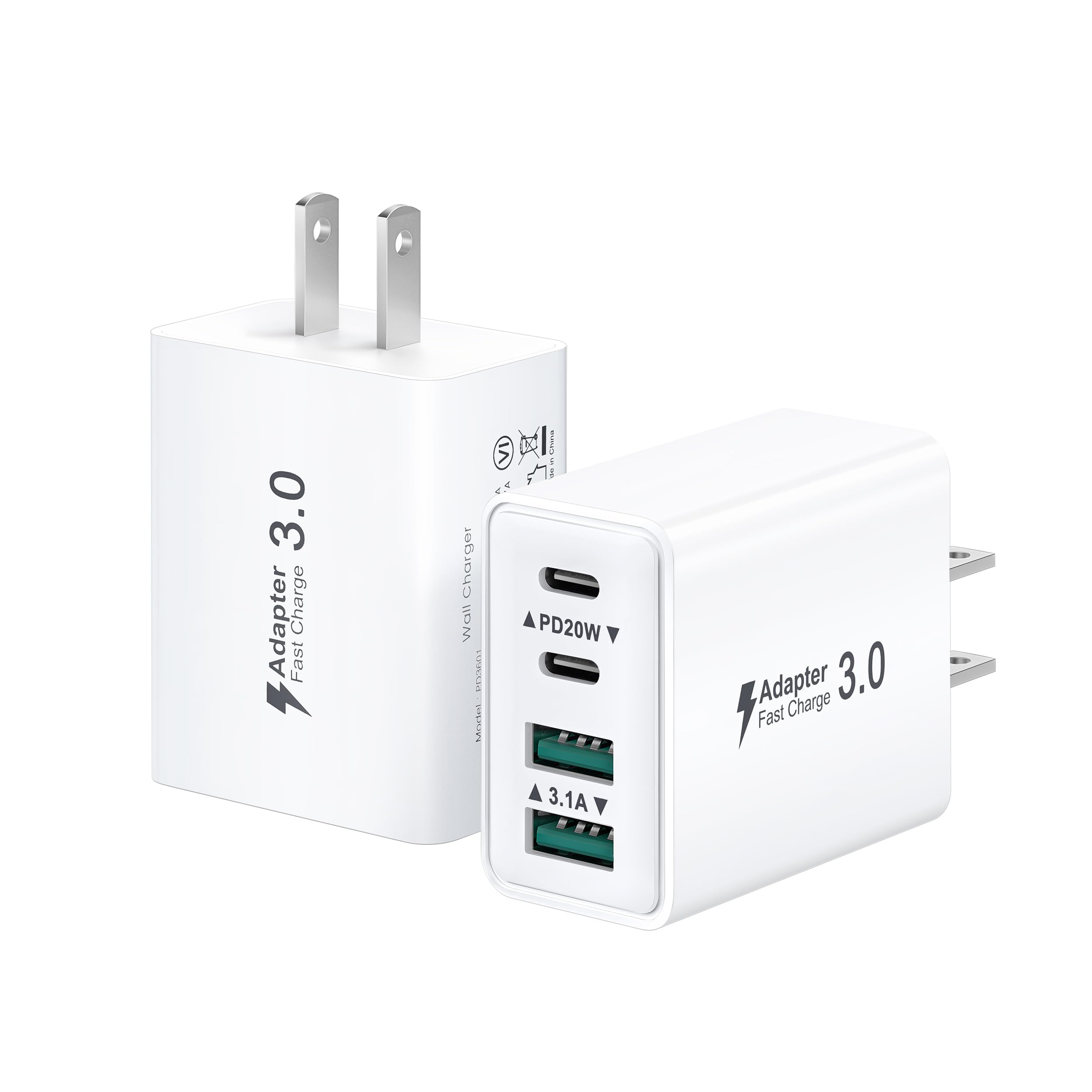 USB C Charger Block, 2-Pack 40W USBC Wall Charger Plug 4 Ports Dual PD Power Adapter +QC 3.0 Fast Charging Brick Multiport Type C Cubes Box for iPhone 16 15 14 13 12 11 Pro Max Plus, iPad, Samsung