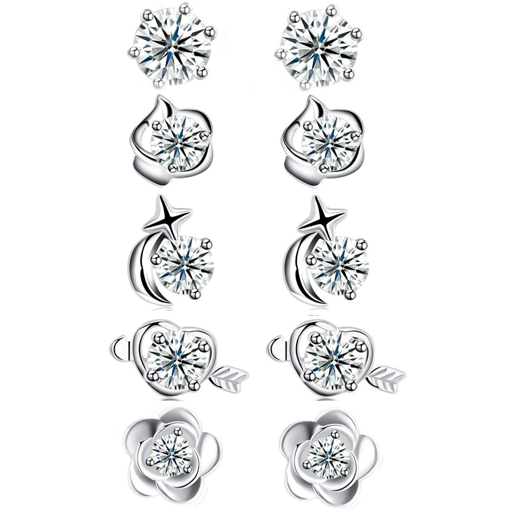 Sterling Silver Cubic Zirconia Stud Earrings Set Princess Cut Round Flower Heart Star CZ Small Silver Earrings, by DreamSter