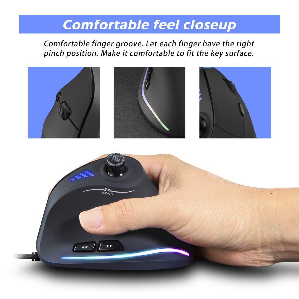 Zeerkeer Ratón Vertical ergonómico, Mouse Vertical RGB con Cable para Juegos con Joystick, 11 Botones programables, 5 dpi Ajustables (1500-2500-4000-7000-10000) para PC, Escritorio, Laptop
