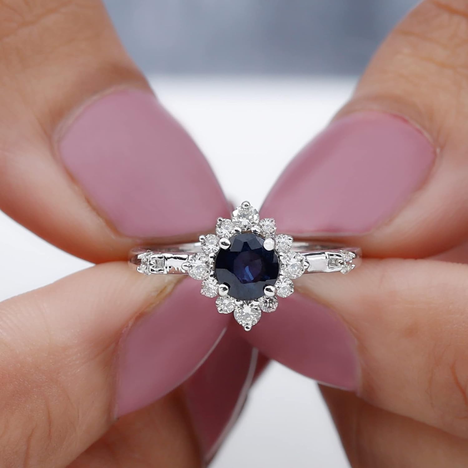 Natural Blue Sapphire Diamond Halo Engagement Ring, AAA Quality, 5mm Round Sapphire Ring For Women - With Jewelry Box