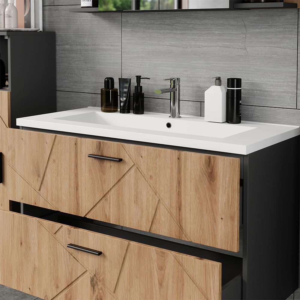 Vicco Conjunto de Muebles de baño Irma, Antracita/Roble Dorado, 100 cm | compuesto por mueble bajo de baño y lavabo