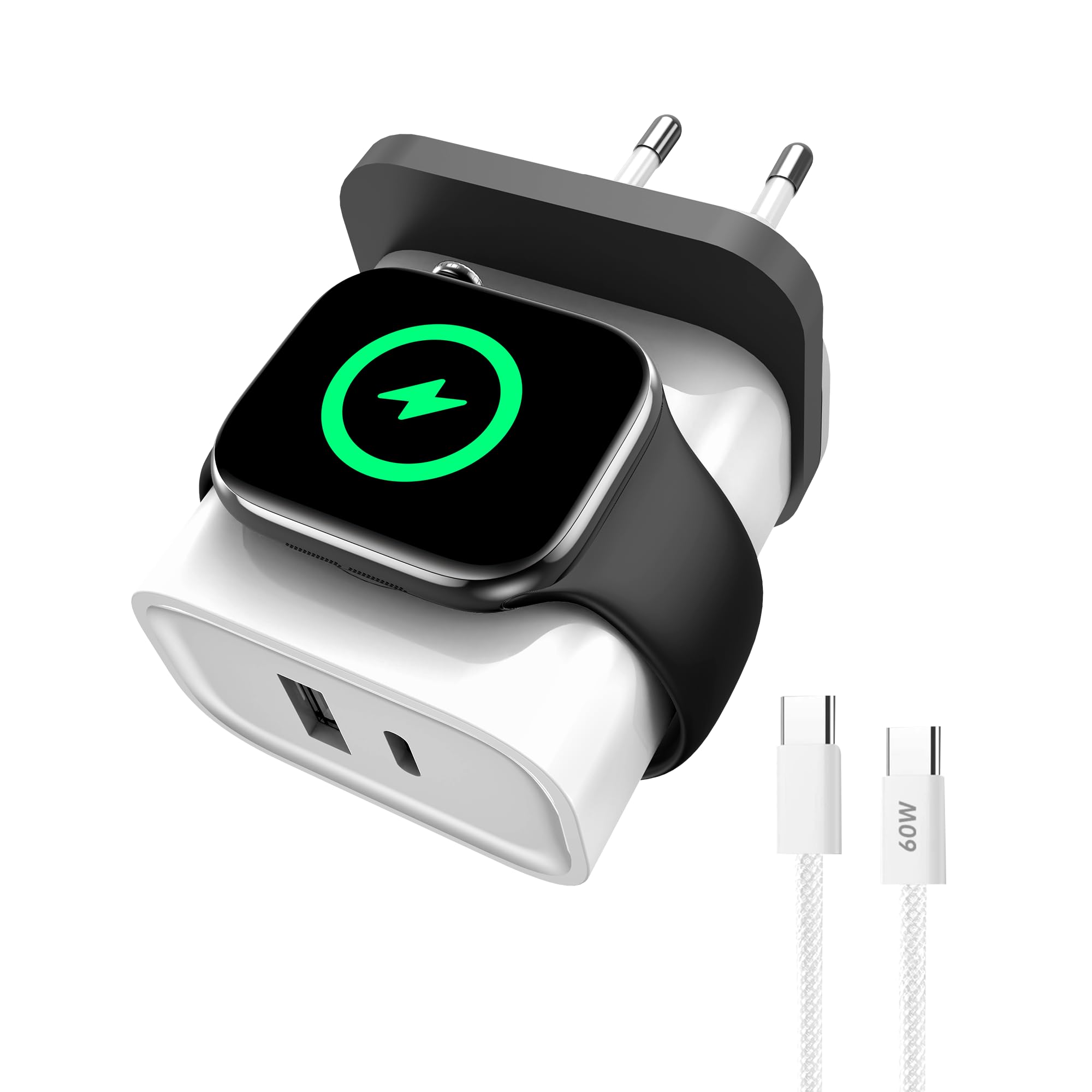 Cargador 3 en 1 para Apple Watch,PD25W Cargador de Pared de Doble Puerto para iPhone, Carga rápida USB-C, Cargador Esencial para Viajes para iWatch Ultra/SE/11/10/9/8, Serie iPhone, Android (Blanco)