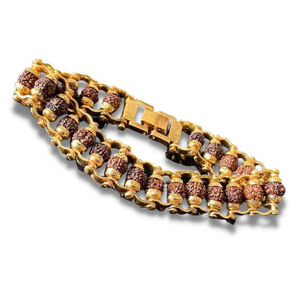 AnshrajGold Plated 5-Mukhi Rudraksha Bracelet - 20 Cm, Modern Hand Rudraksha Bracelet for Men
