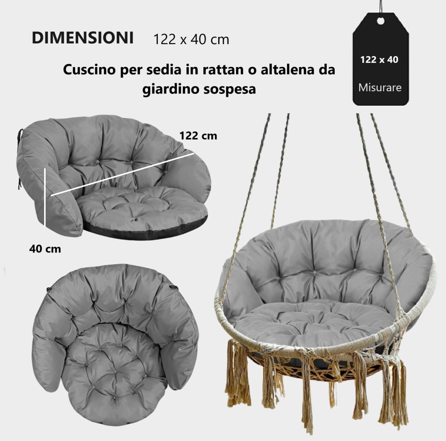 Cuscino per sedia a dondolo, cuscino imbottito per cestino sospeso, 122 x 40 cm, trapuntato