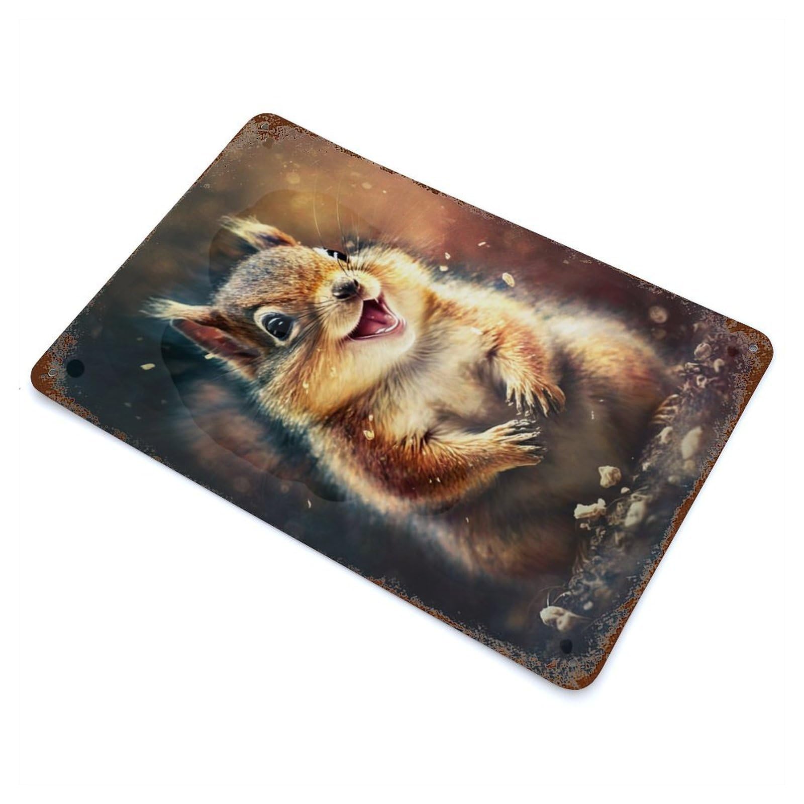 Garage Style Squirrel Watercolor Paint Rustic Tin Plaque 11.8"x7.9", Classic Wall Plaque for Bar And Workshop