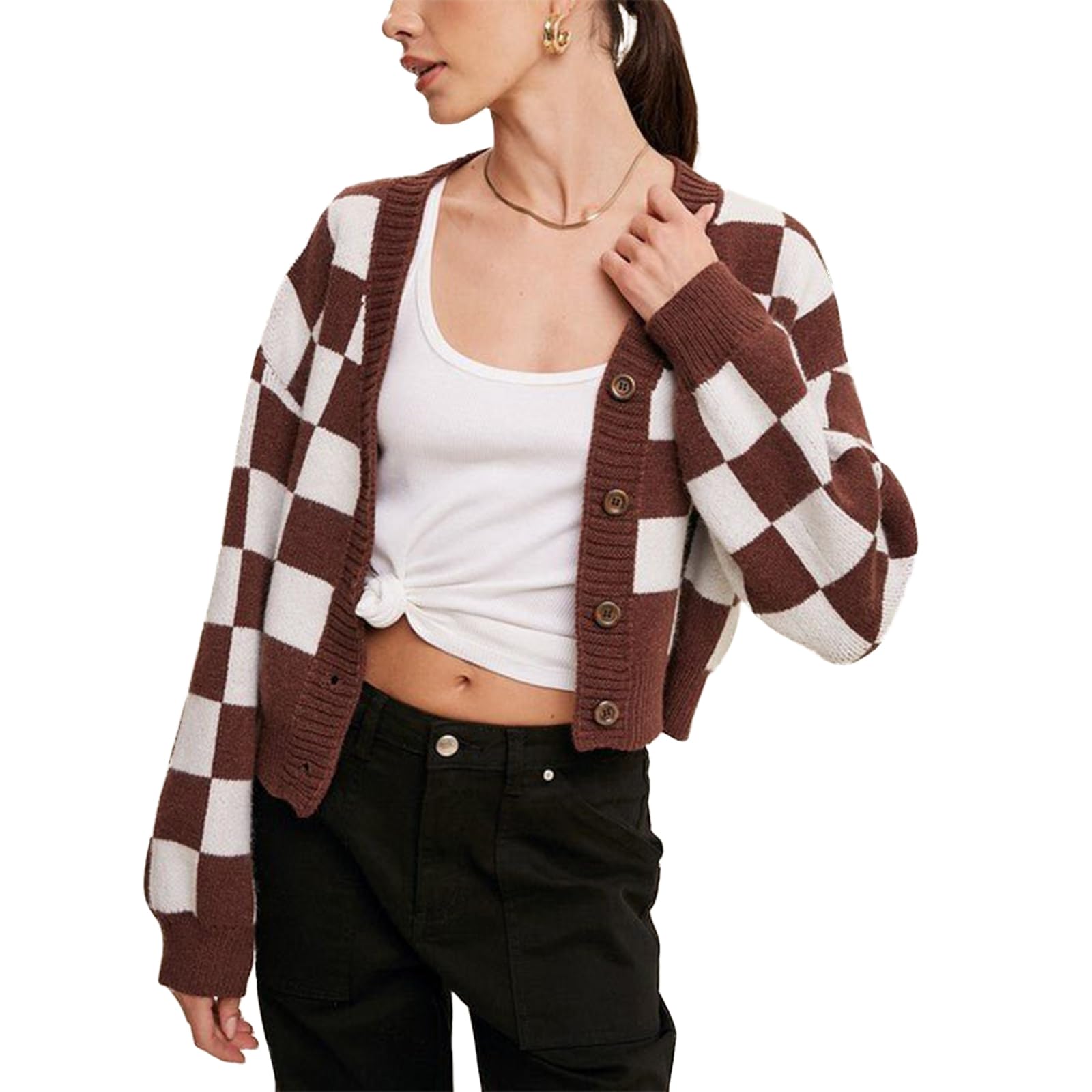 Womens Checkered Crop Cardigan V Neck Long Sleeve Button Down Knit Sweater Casual Streetwear