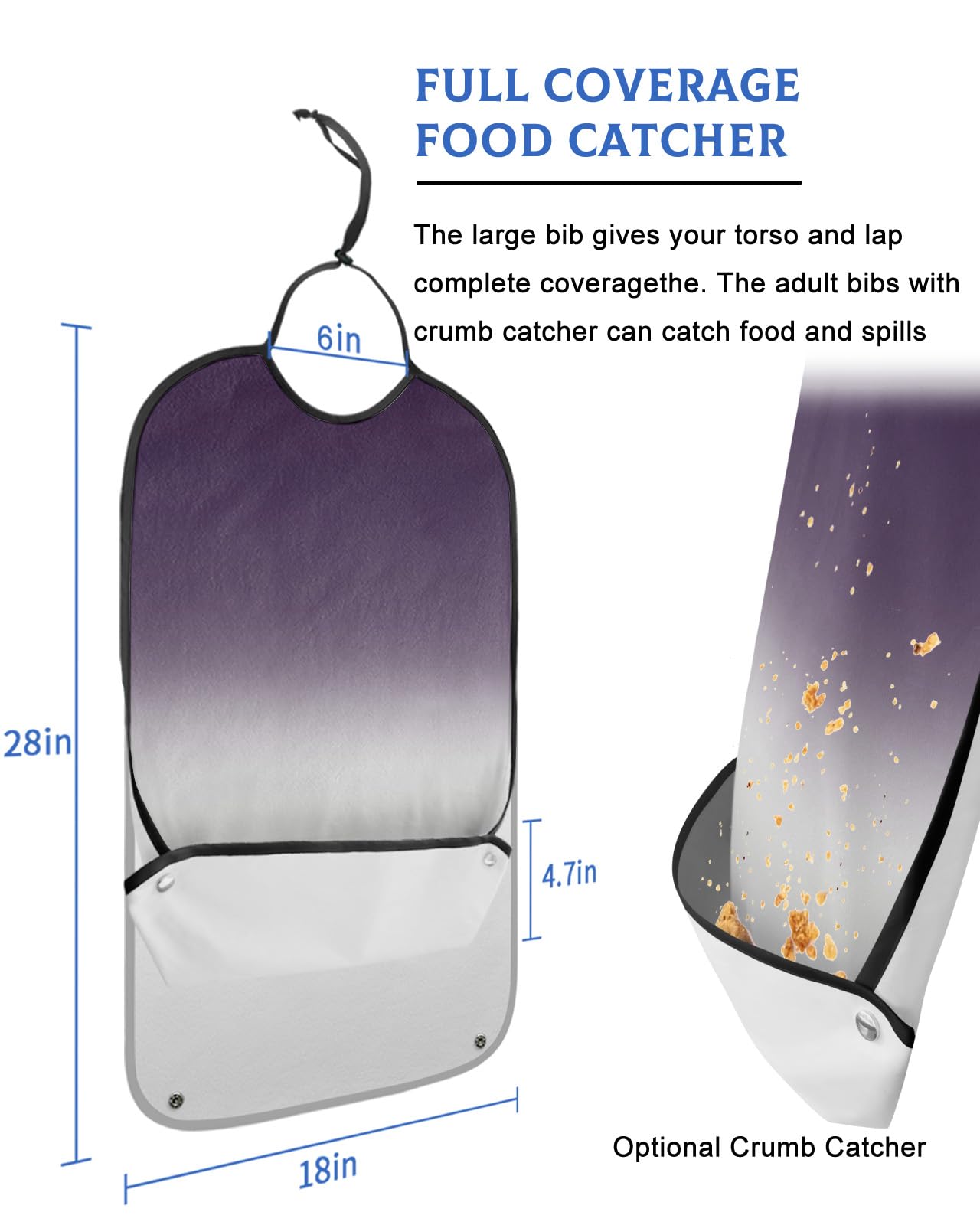 Purpel White Grey Ombre Adult Bibs for Eating, Waterproof Bibs with Food Catcher & Adjustable Snap Closure, Modern Abstract Art Aesthetics Washable Clothing Protectors Adult Bibs for Elderly Women/Men