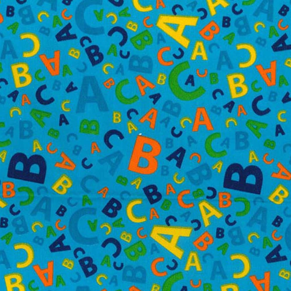 Oh Sew Crafty Limited Blue Polycotton Fabric Tossed Alphabet Letters Nursery Kids Childrens (Per Metre) (Blue)