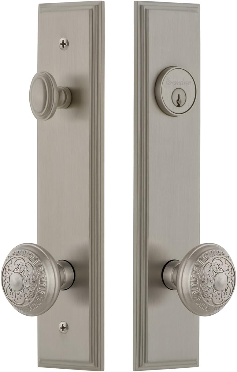 Grandeur Hardware 840425 Carre' Tall Plate Complete Entry Set with Windsor Knob, Backset Size - 2.375", Vintage Brass