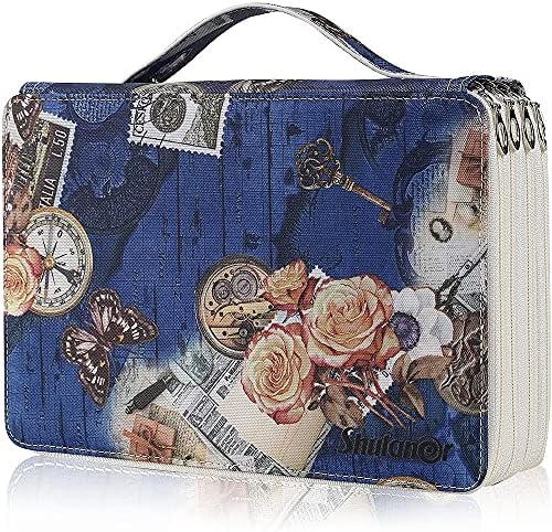 Shulaner 200 Slot Pencil Case with 4 Layers, Retro Style Element Pattern Large Capacity Pencil Organiser Bag, Waterproof 840D PVC Fabric 200 Pencil Case Holder - Gray Blue