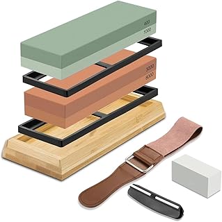 Knife Sharpeners for Kitchen, 400/1000/3000/8000 Double Side Grit Waterstone, Professional Chef Whetstone Sharpener, Non-slip Bamboo Base, Ideal Grinding Stone for Chefs and Cooking Lovers