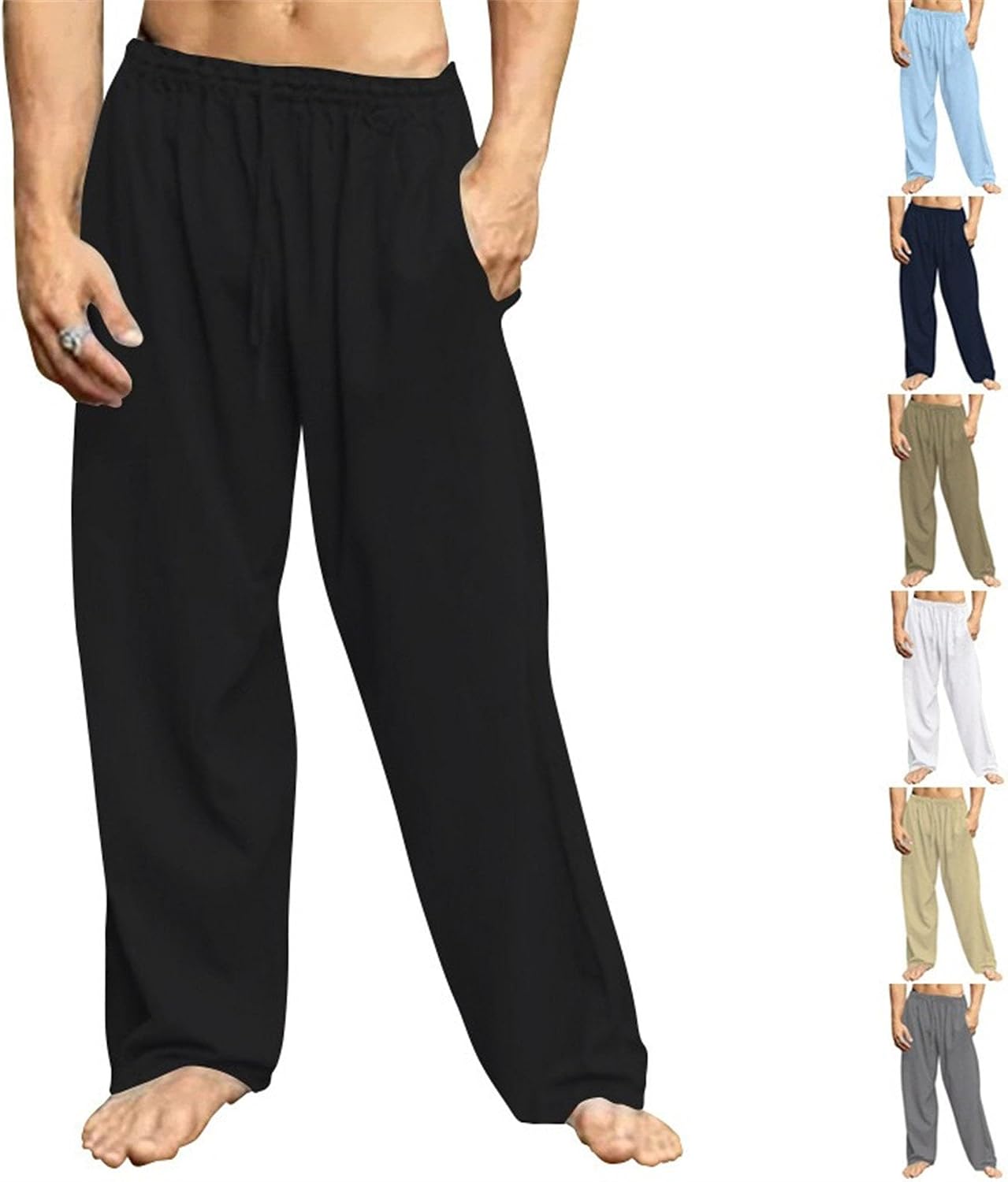 DGHM-JLMY Men's Summer Hip-Hop Cotton Linen Trousers Breathable Drawstring Beach Pants Solid Sports Elastic Waist Yoga Pants