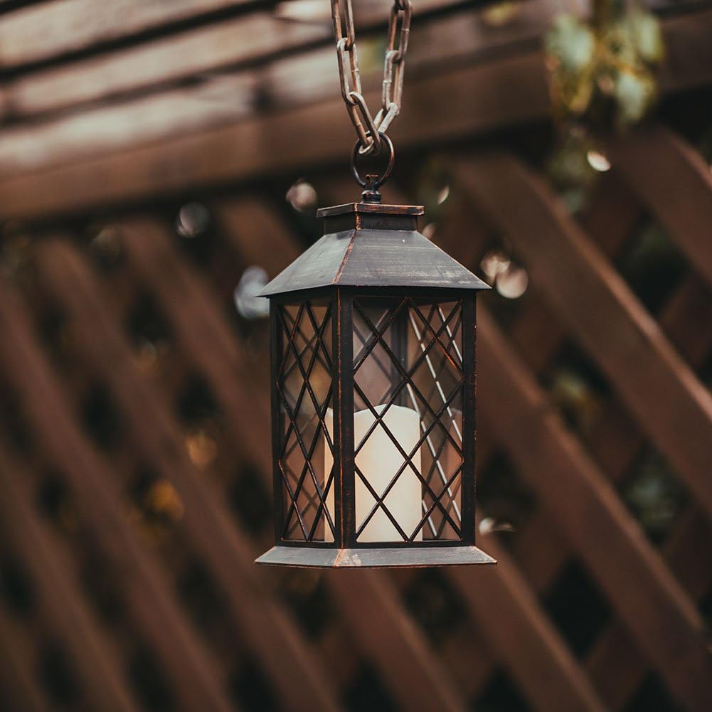 14" Cooper Brushed Vintage Decorative Candle Lantern with 4 Hours Timer (Batteries Included) Hanging for Indoor&Outdoor Flameless Candles (Set of 2)