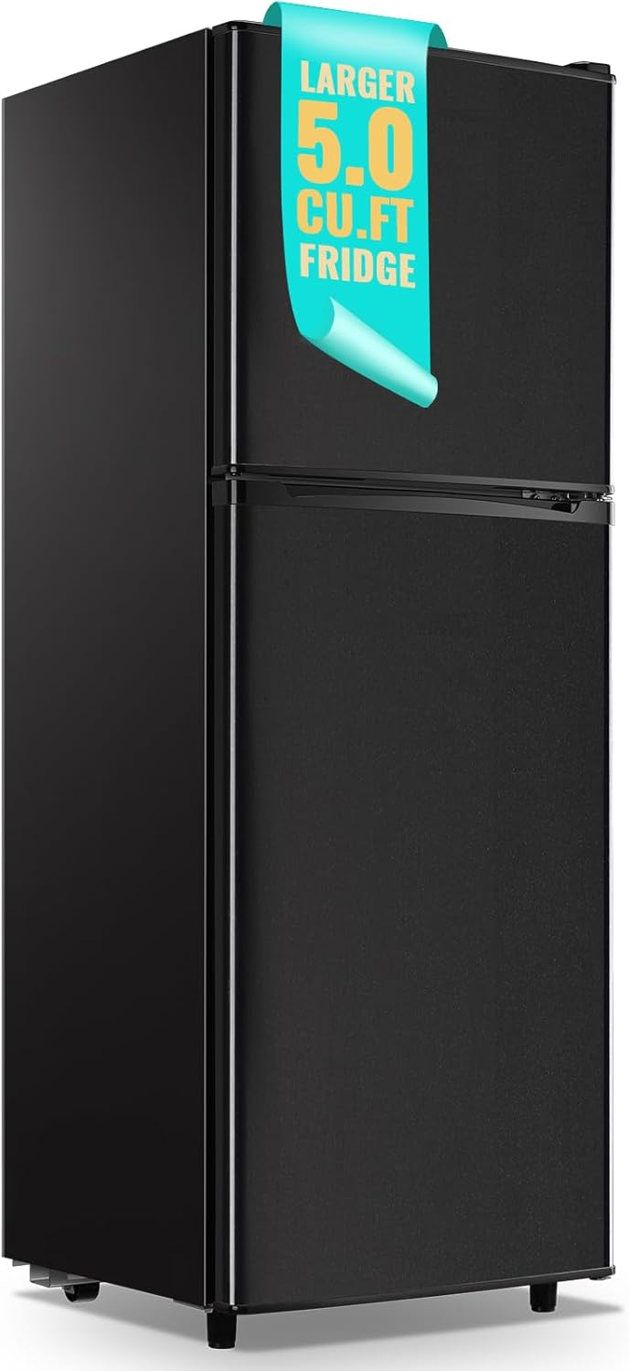 WANAI Double Door Small Refrigerator with Freezer, 5.0 Cu.Ft Large Size Fridge with 7 Level Adjustable Thermostat & Removable Shelves, Mini Refrigerator for Kitchen Apartment and Office, Black product image