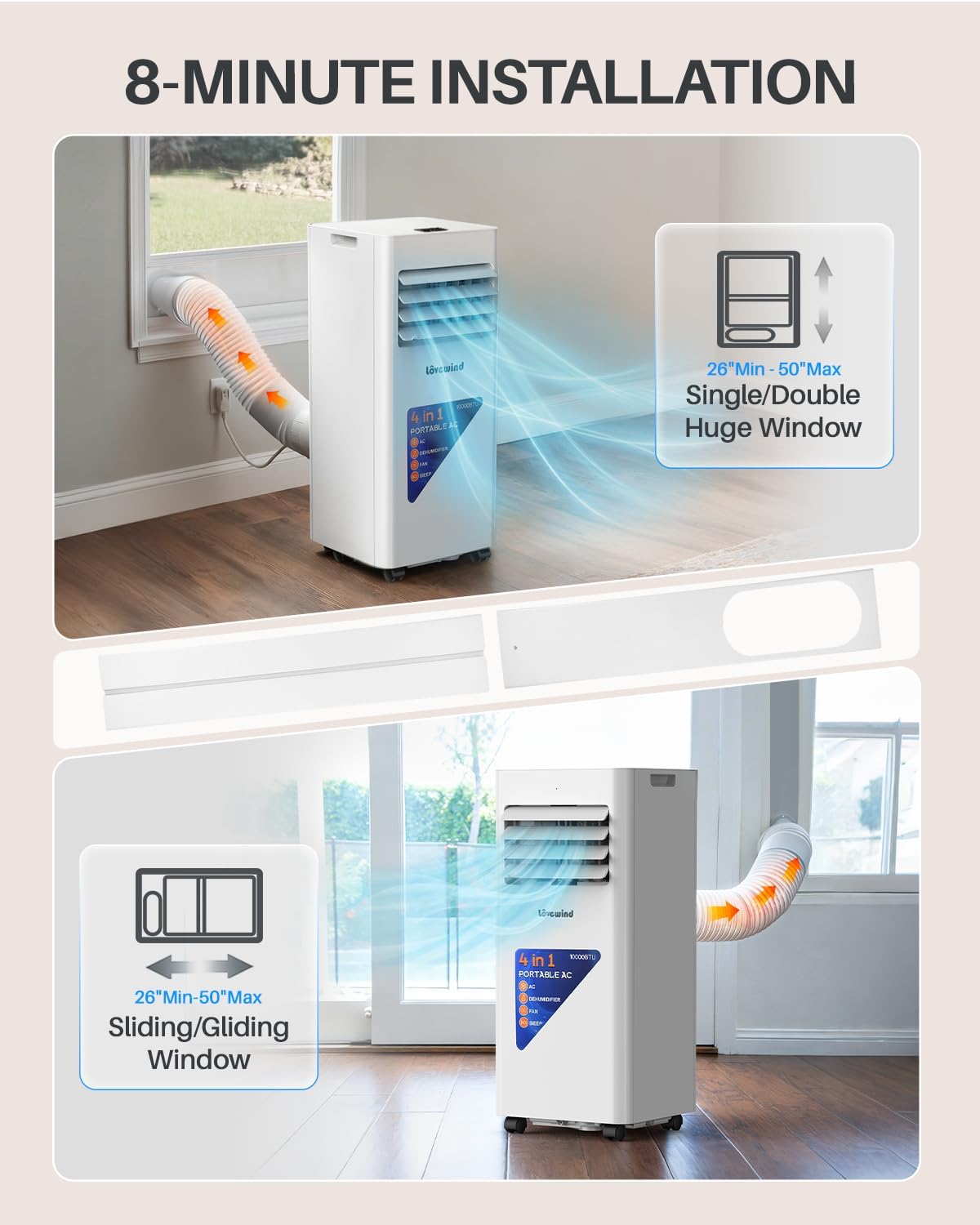 Lovewind 10000 BTU Portable Air Conditioner, 450 Sq.Ft Cooling, 4-in-1 Portable AC Unit with Dehumidifier, Fan, Sleep Mode, Room Air Conditioners for Bedroom with Remote Control, Pure White