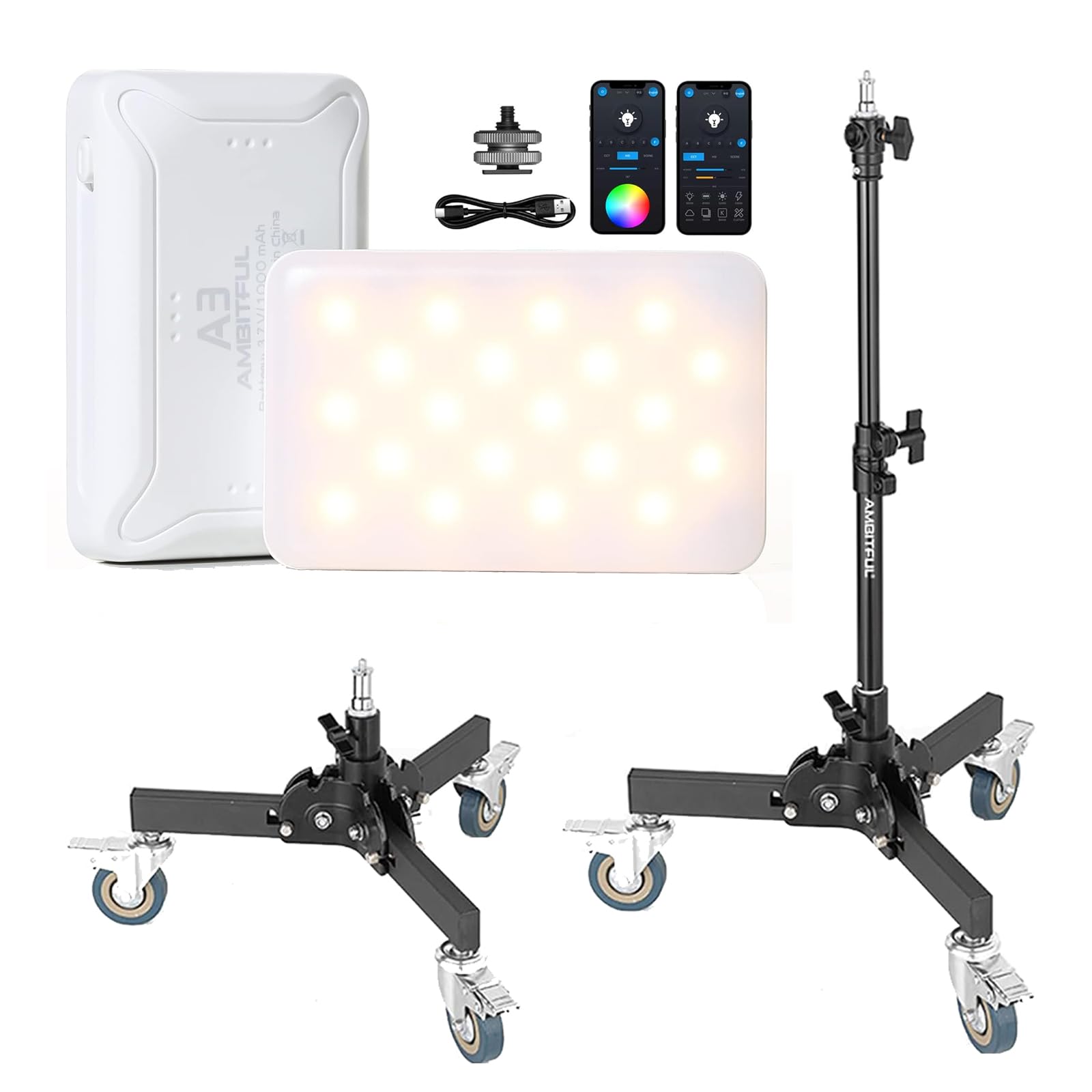 AMBITFUL 61-81cm/21-31.9" Profession Removable Very Sturdy Folding Floor Light Stand and AMBITFUL A3 Full Color RGB LED Mini Light