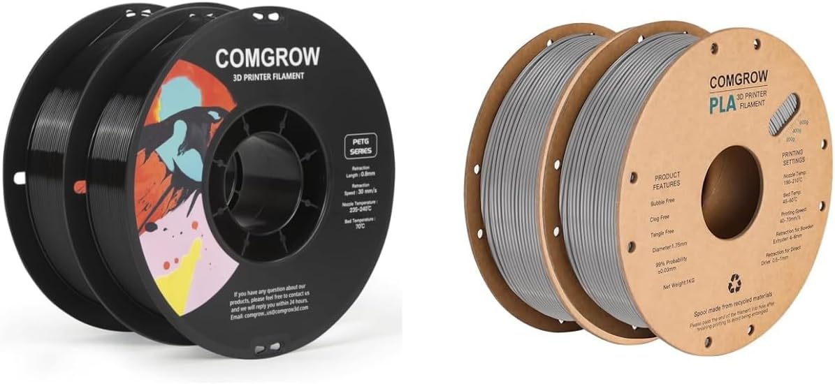 Comgrow PETG 3D Printer Filament 1.75mm, High Precision and Tough 3D Printer Filament 2kg (4.4LBS) Fit Most 3D Printers Black+Black and PLA 3D Printer Filament Grey 2KG