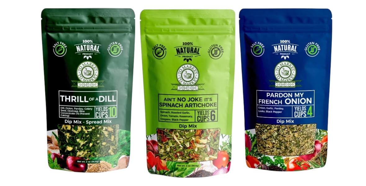 To Market To Market, Variety pack Dip Mix - Organic, Simply, Low Sodium, No Salt, Healthy Dip, Spinach Artichoke, Thrill Of A Dill, French Onion