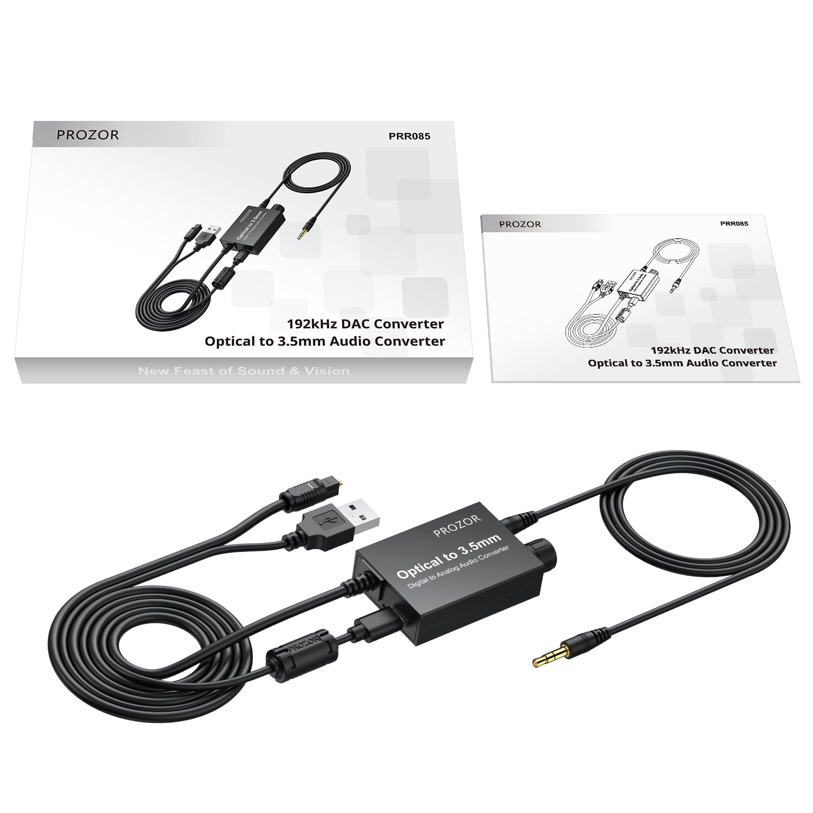 PROZOR Convertisseur SPDIF Optique vers 3.5mm avec Amplificateur Audio 192kHz/24bit Compact Plug and Play pour Casque TV et Enceintes