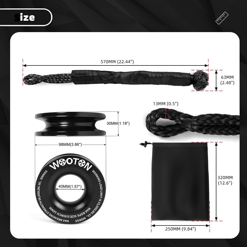 Soft Shackle & Recovery Ring Kit - 2PCS 1/2" x 22" Soft Shackles for Recovery with Aluminum Snatch Ring, 66,000 lbs Breaking Strength for ATV, UTV, SUV, Truck Off-Road Vehicle - Black