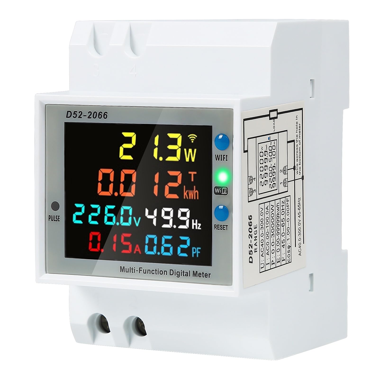 Medidor Consumo Electrico WiFi Monofasico Contador Eléctrico Monofásico Montado en Riel Aplicación Tuya Medidor de Energía Digital AC40-300 Voltaje Corriente Potencia y Factor de Frecuencia