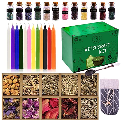 Witchcraft Supplies Starters Kit Witch Stuff for Wiccan Spells Altar with 10 Dried Herbs, 12 Crystals Jars / 12 Chimes / 12 Papers / 1 Spoon / 1 Bag Metaphysical Gift Box for Women