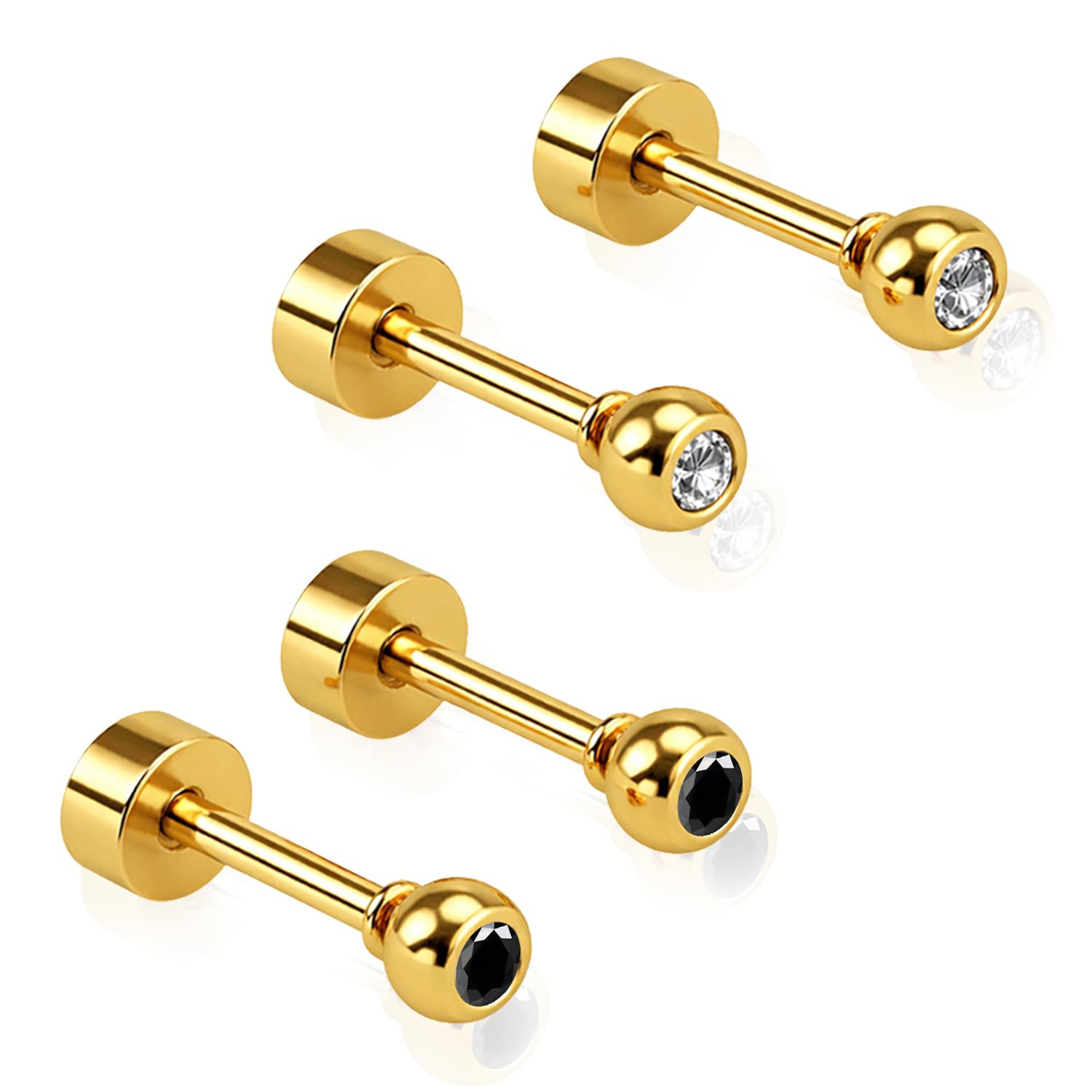 FASHIONS 3mm 2 Pair 18K Gold Plated Stainless Steel Anti Tranish Small White & Black Stone Katori Shape Ear Studs Hypoallergenic Lightweight Stud Earrings Combo Set for Men & Boys