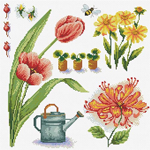 Needleart World Juego de bordado de punto de cruz, juego de bordado para principiantes, kit de herramientas de inicio con herramientas de bordado, kit de bordado, muestra de jardín 1, 40 x 40 cm, 14