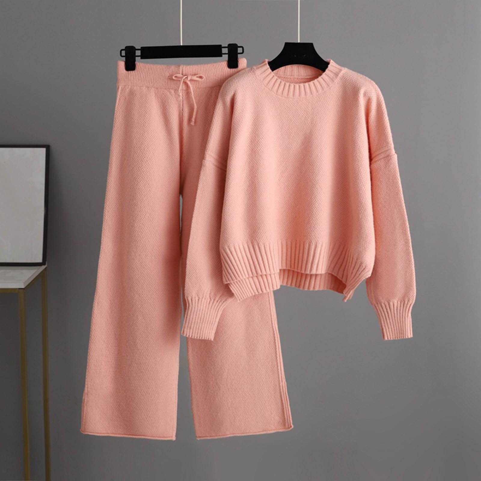 Women Autumn and Winter Fashion Temperament Loose Casual Wide Leg Round Neck Top and Pants Knitted (Pink, One Size)