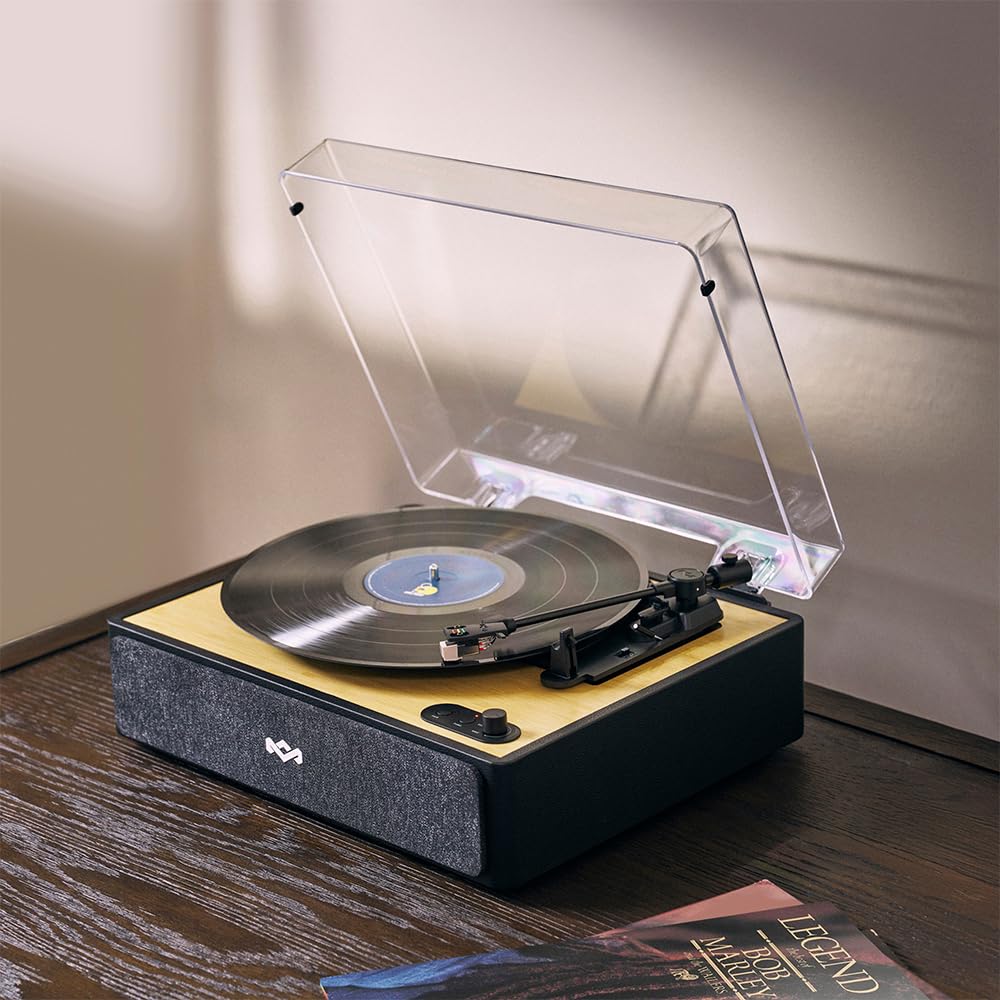 House of Marley Rise Up Tourne Disque Vinyle Bluetooth - 3 Vitesses, Bambou | Enceinte Intégrée, Platine Vinyle, Streaming Bidirectionnel, Matériaux Recyclés, Finition Bambou et Couvercle