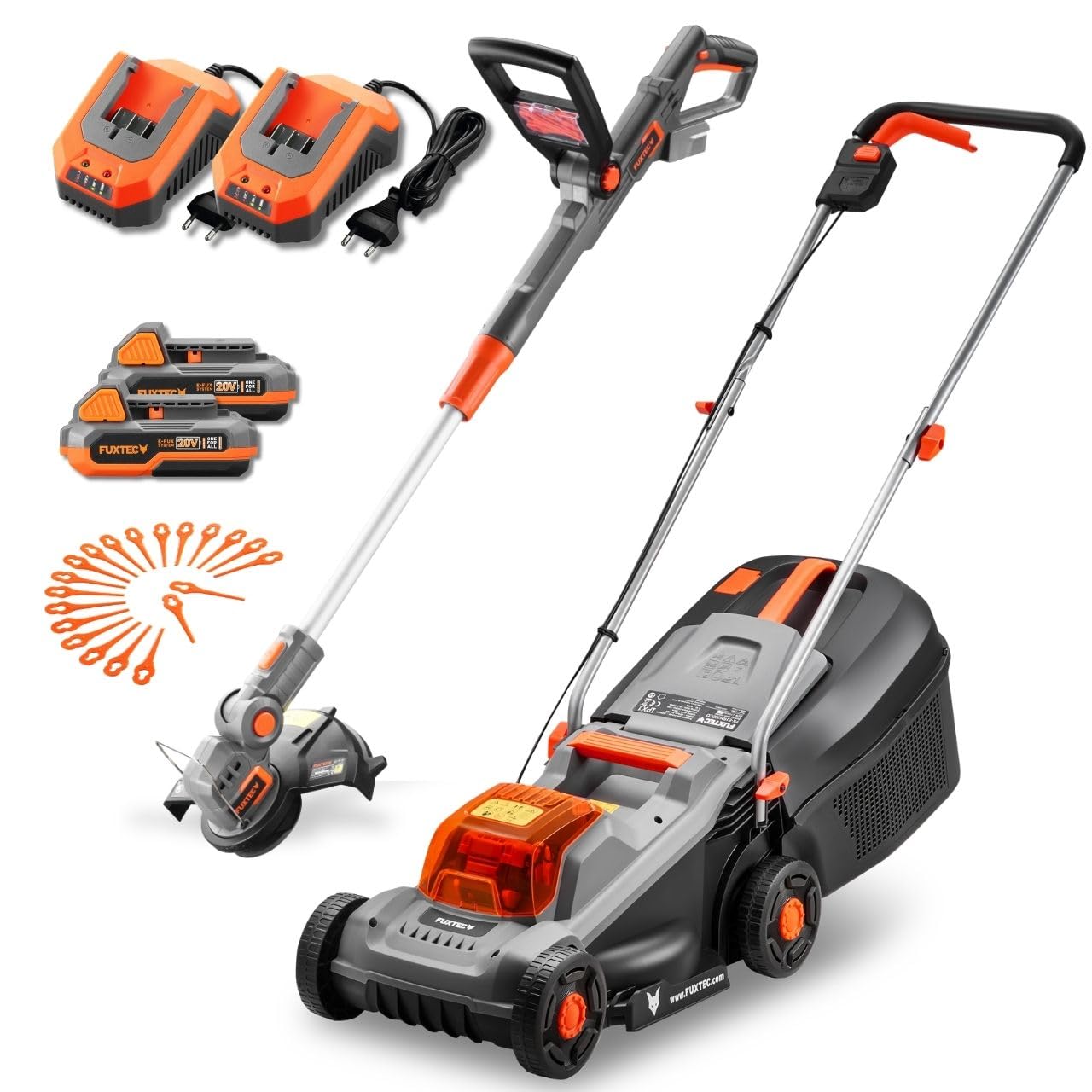 FUXTEC 20V Akku Garten Geräte Set FX-E1RM20ECO-SET & FX-E1RT20-SET • Akku Rasenmäher 30cm & Rasentrimmer 25cm • 2X 2Ah Akku mit Ladegerät • Wechselakku System • Kabellos • Akkumäher mit 30L Fangkorb