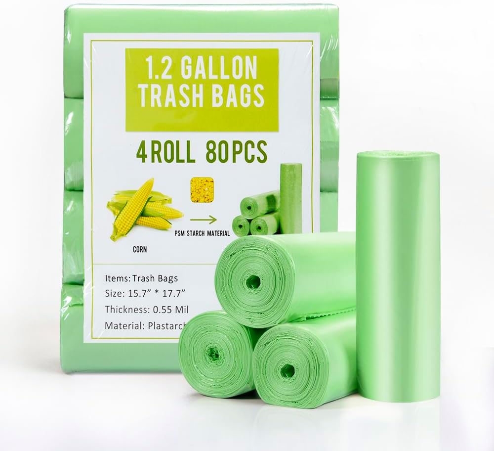 Jaoul Trash Bags 1.2 Gallon, Small Garbage Bags, Strong & Unscented Mini Trash Bags for Kitchen, Bathroom, Office, Restroom, Car, Green, 80 Counts