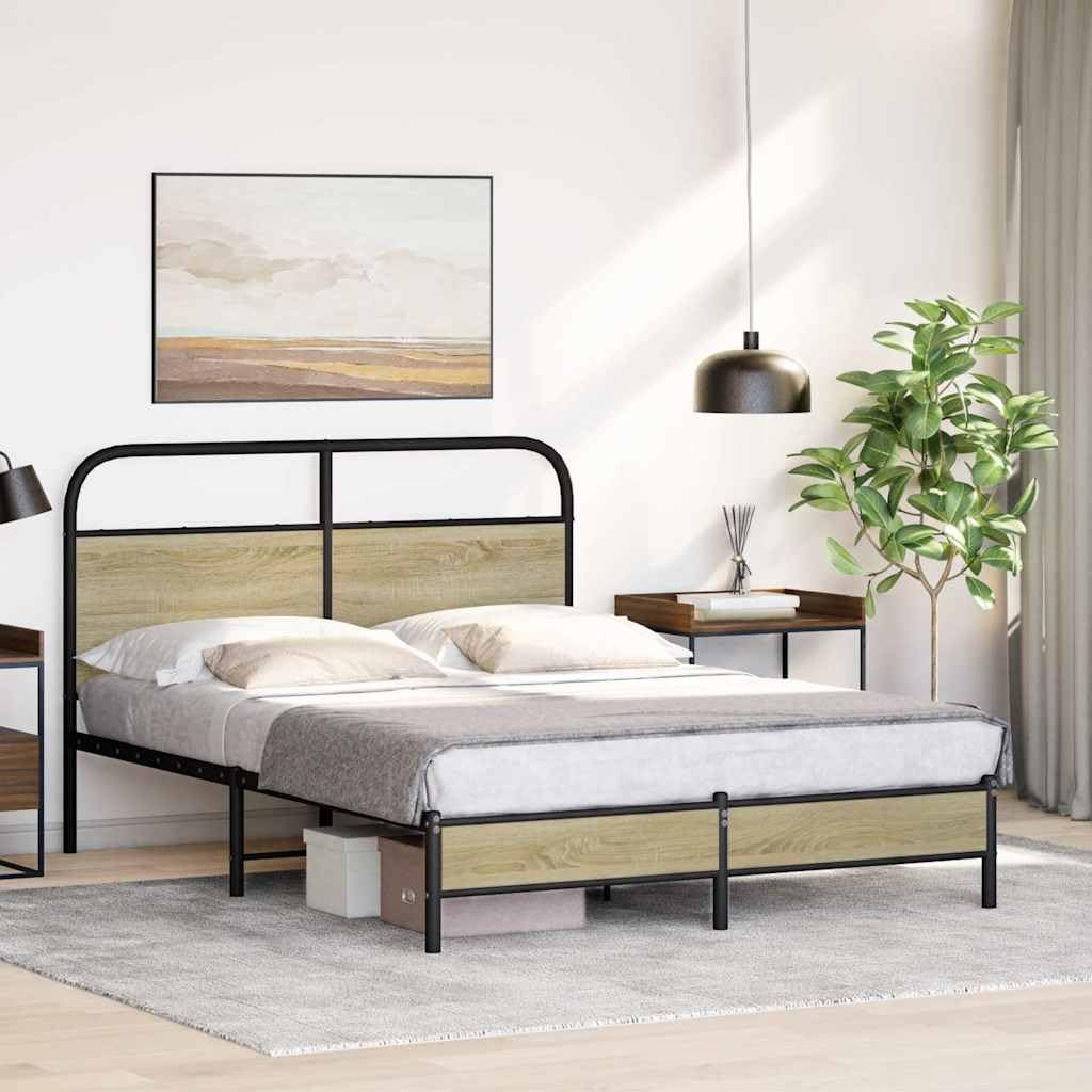 Estructura de cama de metal de 120 x 200 cm, sin colchón, cabecero de roble Sonoma, diseño moderno, marco de acero, somier de láminas de 27 cm de altura, para dormitorio y habitación de