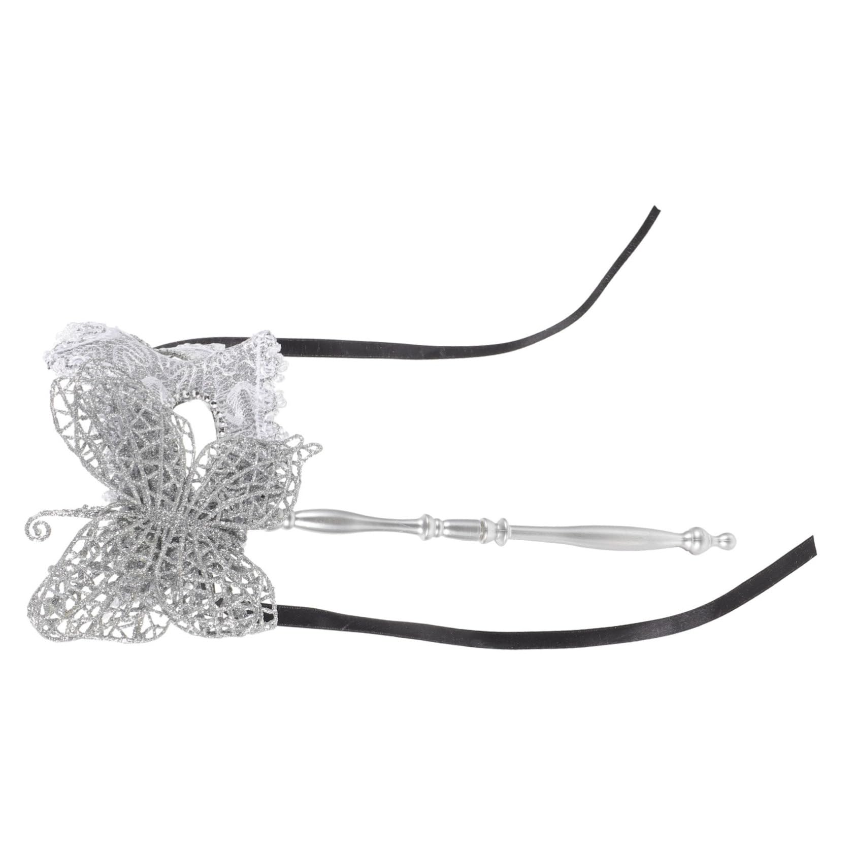Cabilock Fancy Dress Masquerade Mask with Stick Women's Mardi Gras Masks Silver Color for Night Club Events