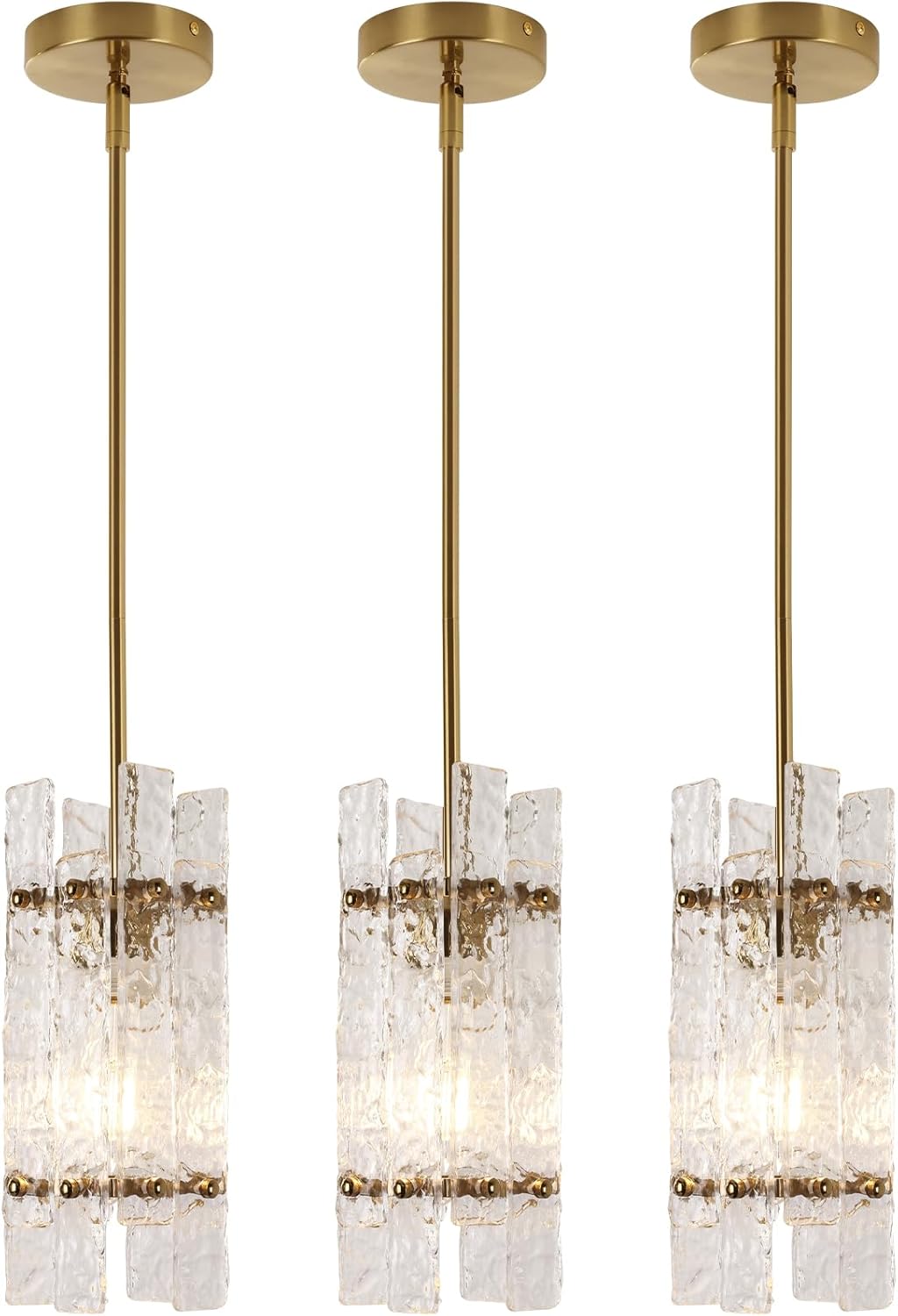 Modern Crystal Pendant Light for Kitchen Island, Gold Luxury Mini Water Ripple Glass Chandelier Lights Fixture, Modern square Adjustable Hanging Pendant Lighting for Dining Room Bedroom (3-Pack) 3-Pack(Square)
