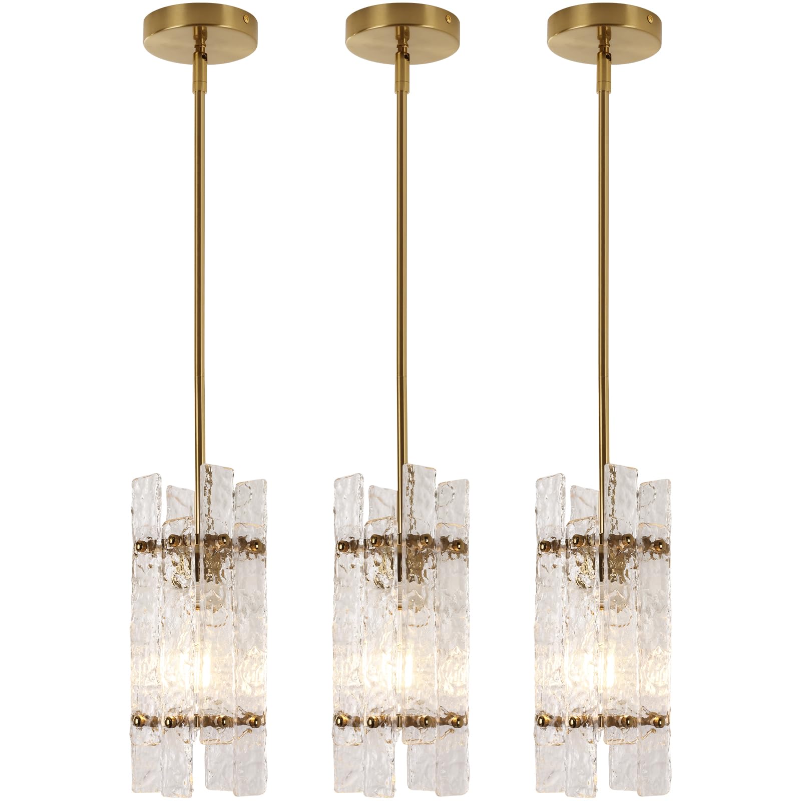 Photo 1 of Modern Crystal Pendant Light for Kitchen Island, Gold Luxury Mini Water Ripple Glass Chandelier Lights Fixture, Modern square Adjustable Hanging Pendant Lighting for Dining Room Bedroom (3-Pack)