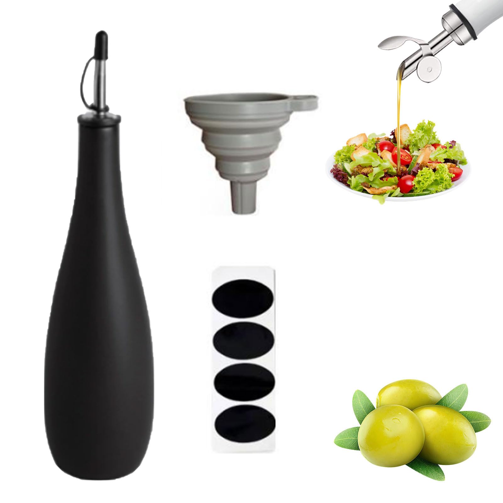 Tefola Olivenöl-Flaschenspender, Keramik, undurchsichtig, Olivenölflaschen-Nieselregen mit beschwertem Ausgießer für einfaches Nachfüllen und Reinigen für die (Schwarz 650 ml)